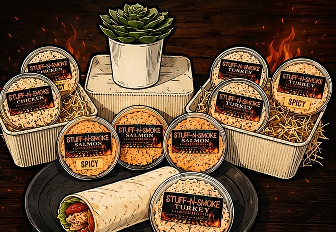 Illustration of Stuff N Smoke chicken, salmon, and turkey tubs and a wrap